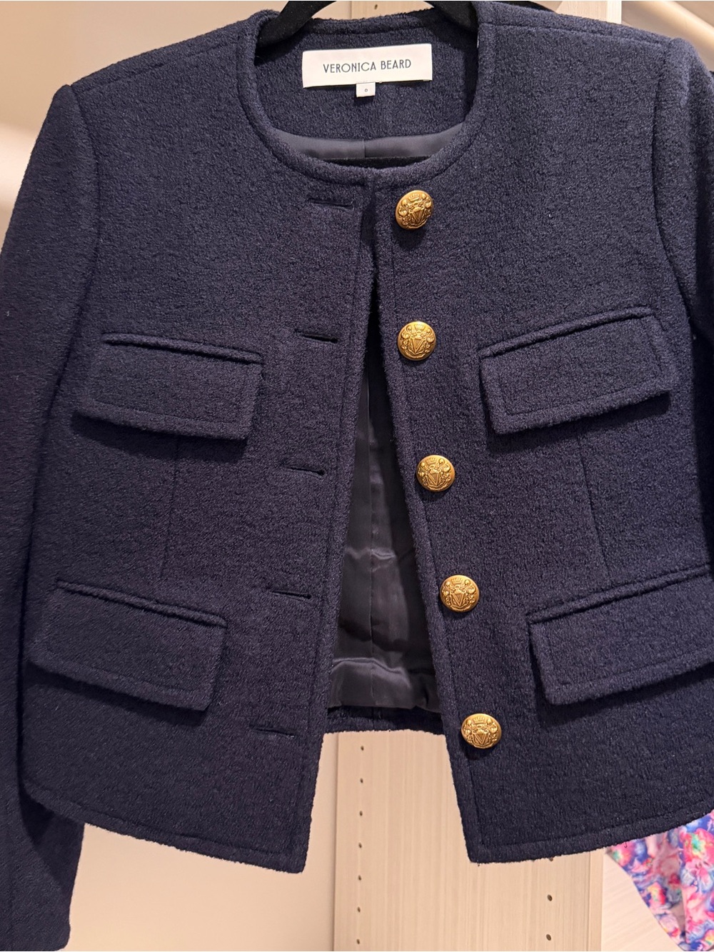 Veronica Beard Navy Textured Jacket with Gold Buttons
